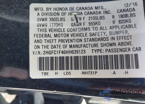 2017 Honda Civic Ex-T from USA, damaged, VIN 2HGFC1F46HH639123